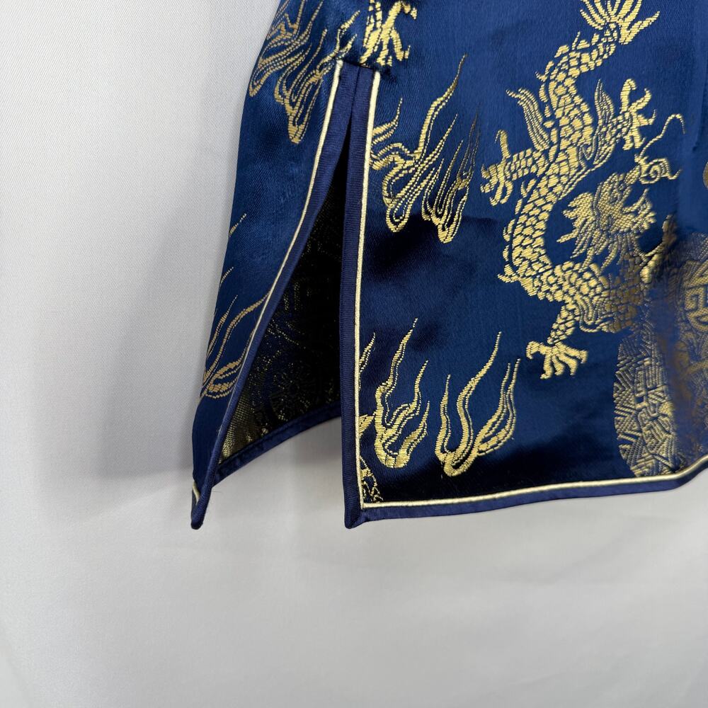 MATSUZAKI Vintage Oriental Unisex Top XXL Blue & Gold Dragon Embroidered Detail - Picture 4 of 9
